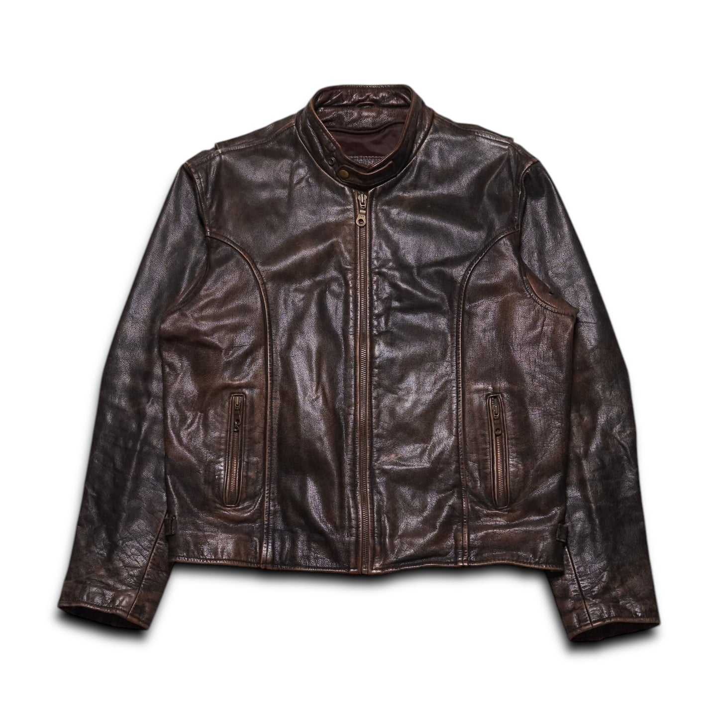 2000s Cafe Racer Leather Jacket "Brown" Size: L/XL